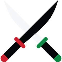 Two Crossed Swords With Red And Green Handles Isolated On A White Background Ready For Combat Or A Duel Symbolic Of Conflict Or Battle