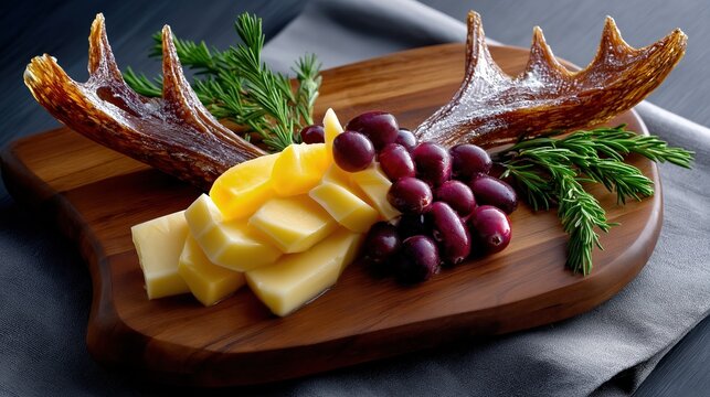 Christmas edible deer, christmas food deer. Christmas charcuterie board featuring reindeer antlers made from cured meats, cheese, and grapes on a rustic wooden platter for festive gatherings - Powered by Adobe