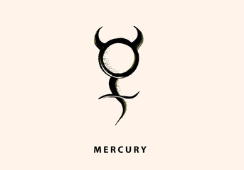 Planet Mercury Symbol. Mercury sign. alchemy symbol tattoo art style, grunge brush strokes,