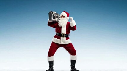 Figure in red suit holds retro radio, celebrates. Shows holiday spirit, festivity, happiness, fun and nostalgia for retro technology and vintage celebration