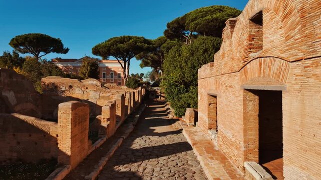 The Via dei Balconi in Ostia Antica, the old port of Rome, Lazio, Italy, dating back to the 7th century BC
