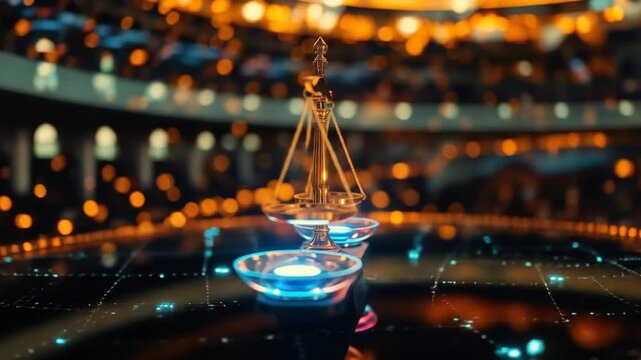 Bright digital scales symbolize balance and justice in a shining technological landscape. 4k video