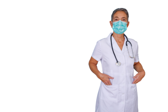 Female doctor or nurse in white uniform and medical face mask with stethoscope working in healthcare, transparent background