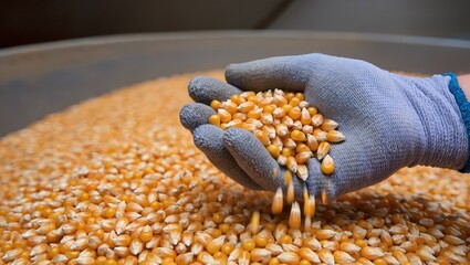 Close-up of a gloved hand holding dry corn kernels above a container filled with grain, illustrating agricultural harvest handling and storage within the agribusiness sector