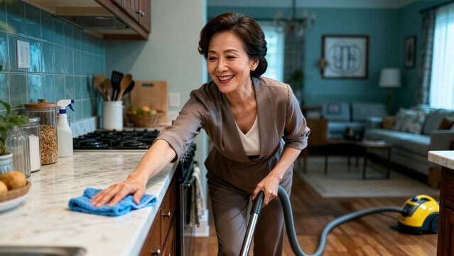 Woman using vacuum cleaner to clean kitchen countertop, smiling while maintaining cleanliness. Bright, inviting home with organized living space