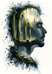 Surreal Double Exposure Man Profile Ancient Ruins Stone Pillars Ivy Moonlight Paint Splatter Dreamy Cinematic Portrait Inner World Historical Mystery Art