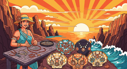 Coastal Artisan: Crafting Pearl Necklaces at Sunset by the Ocean Shore