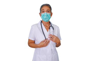 Female doctor in a white coat and face mask, holding a stethoscope while presenting a caring and professional demeanor