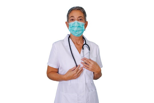 Female doctor in a white coat and face mask, holding a stethoscope while presenting a caring and professional demeanor - Powered by Adobe