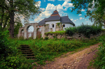 Obraz premium Way to medieval fortified Church of St. Nicholas in Chesnyky (Czesniki), Ivano-Frankivsk region, Ukraine