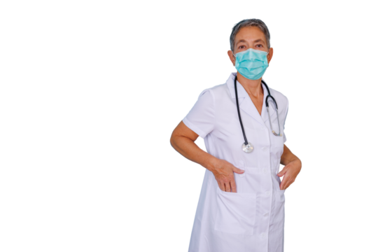 Healthcare worker, a doctor or nurse, wearing scrubs and a surgical mask, standing confidently. Transparent png background