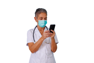Healthcare professional wearing a protective face mask and stethoscope, interacting with a mobile phone for health services
