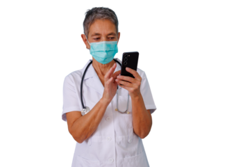 Female healthcare professional in face mask using a mobile phone, offering teleconsultation services on transparent background