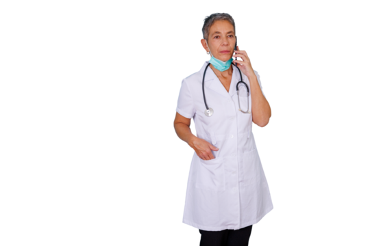Medical woman engaged in a phone call, wearing a white coat, stethoscope, and a face mask under her chin, transparent background - Powered by Adobe