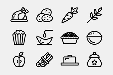 Festive Thanksgiving Dinner Preparation Icons for Autumn Celebration and Culinary Tradition featuring Traditional Foods and Baking Ingredients