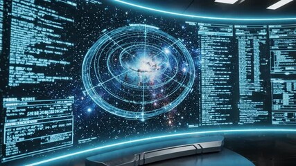 Futuristic communication room with large curved screen displaying star map and data