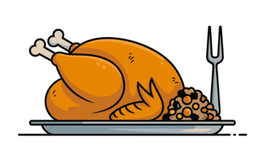 Roasted Turkey Dinner with Stuffing and Carving Fork Festive Holiday Feast Illustration