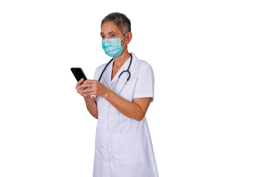 Female doctor wearing surgical mask holding smartphone for telemedicine and online health consultation, transparent background - Powered by Adobe