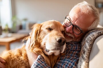 Senior man cuddling golden retriever in cozy living room