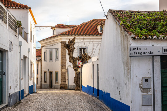 Traditional white houses with blue stripes in the streets of Ericeira in Portugal
