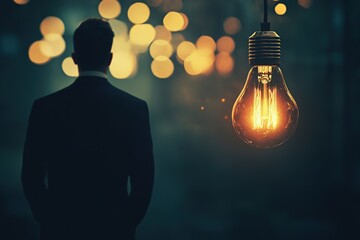 Illuminated light bulb against businessman back background