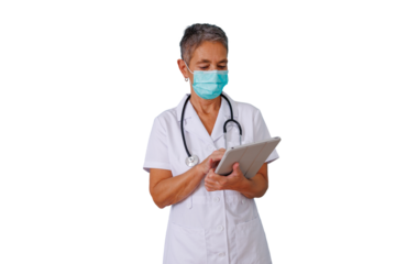 Female doctor wearing face mask and stethoscope, using digital tablet for medical consultation, isolated with transparent background
