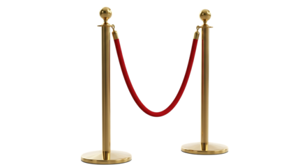 Two polished gold stanchions, with red velvet rope barrier, isolated on a white or transparent background, cutout, PNG
