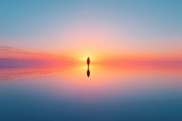 Solitary figure standing at the horizon during a vibrant sunset over tranquil waters