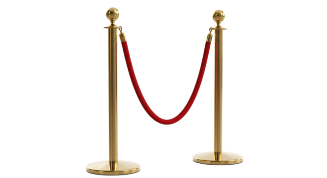 Two polished gold stanchions, with red velvet rope barrier, isolated on a white or transparent background, cutout, PNG