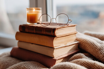 Fototapeta premium Cozy reading nook with vintage books, a candle, and stylish glasses on a soft blanket