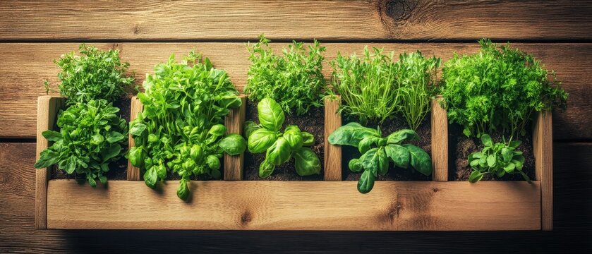 Fresh green herbs growing in a wooden planter box on a rustic wooden table.