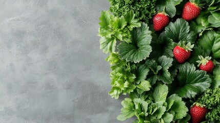 Fresh strawberries and green kale leaves growing in a clean urban garden setting.