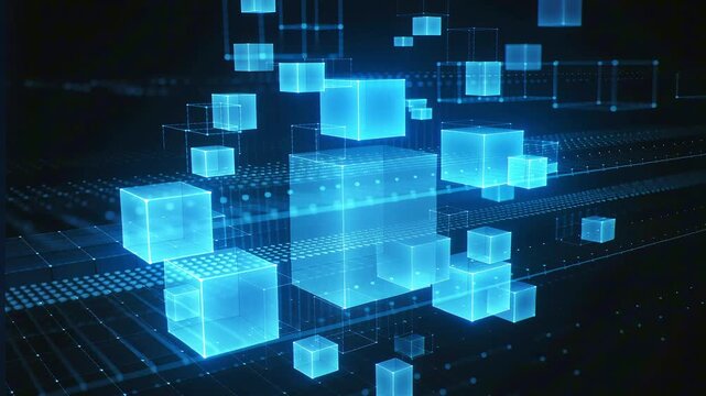 Futuristic hologram factory made of floating cyan blocks, conveyor-like light lines moving beneath, minimal Industry 4.0 aesthetic, dark tech background with subtle parallax depth and soft glow.