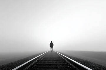 Silhouette on Foggy Railway Tracks