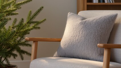 Cozy light armchair with gray cushion beside a green pine, warm natural lighting, wooden bookshelf in background, capturing Christmas and winter holiday atmosphere