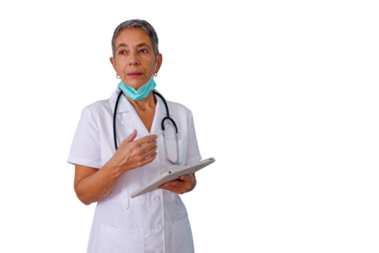 Senior medical professional woman explaining treatment using digital tablet, wearing lab coat and stethoscope with mask down - Powered by Adobe