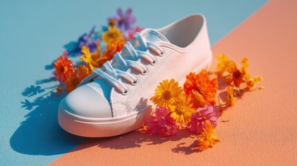 White sneaker with colorful flowers