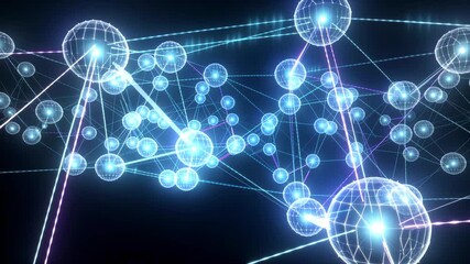Holographic network of glowing nodes and connecting beams floating in darkness, pulses of cyan and purple light traveling through the mesh, slow drifting camera creating a high-tech digital web - Powered by Adobe