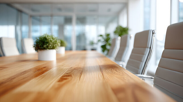 Modern conference room with wooden table and leather chairs