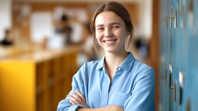 Confident female student looking at camera composed stance head cropped at eyes locker or classroom bokeh academic pride faceless no visible faces high school with copy spa