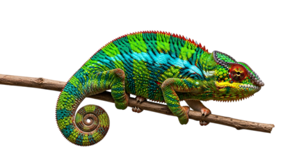 Vibrant chameleon, with intricate scales and coiled tail perched on a branch, isolated on a white or transparent background, cutout, PNG