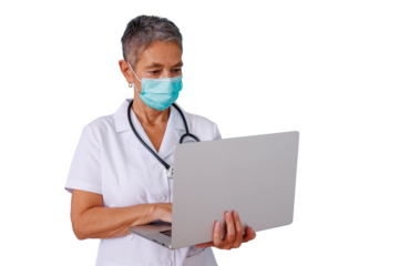 Senior nurse or doctor wearing face mask and stethoscope, using laptop for telemedicine, healthcare communication
