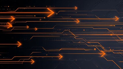 Dynamic abstract background with glowing orange arrows and digital circuit lines, illustrating data flow, technology, and progress. - Powered by Adobe