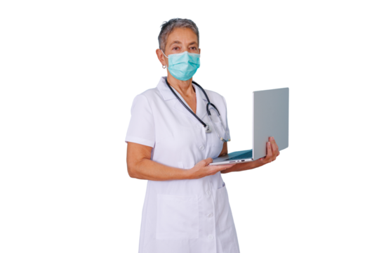 Mature female doctor wearing a face mask and stethoscope, holding a laptop, representing telehealth and medical innovation - Powered by Adobe