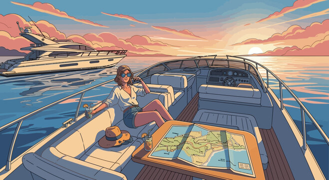 Woman relaxing on a yacht at sunset, enjoying a luxurious and idyllic getaway