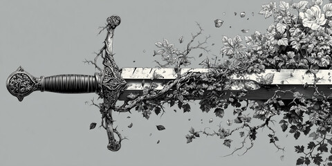Sword Intertwined with Vines and Flowers
