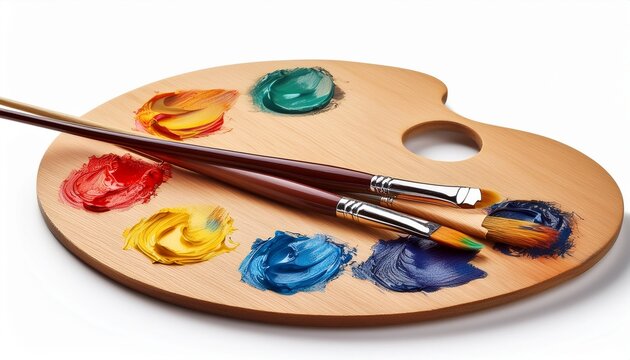 artist s wooden palette with colorful blobs of paint and two paintbrushes isolated on white background