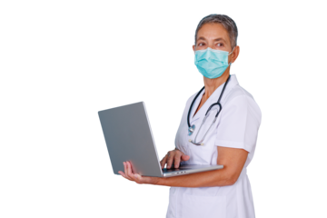 Medical professional woman using laptop, wearing face mask and stethoscope, representing healthcare technology