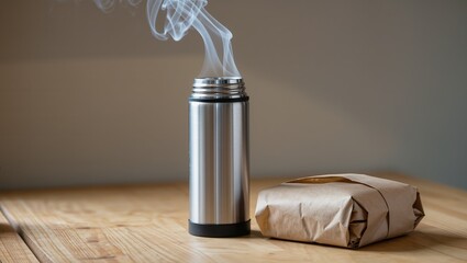 Close-up of a steaming metal thermos and packed lunch on a wooden table, ideal for winter walks, outdoor meals, and warm refreshments on the go