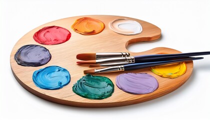 artistic wooden palette with colorful paints and brushes for creative painting isolated on white background